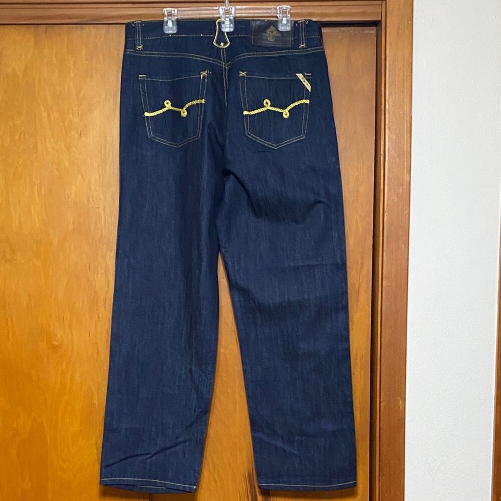 LRG Dark Blue Straight Jeans with Gold Thread & Rope Pocket Details Dry Cleaned